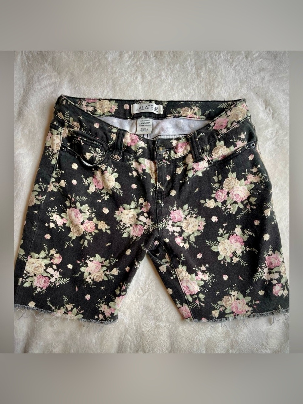 Grunge Fairy Whimsygoth Floral Cutoff Shorts Jalate Black Pink Rose Denim 7